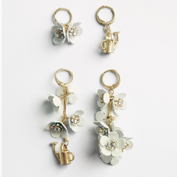 ZARA flower and watering pot modular drop earrings white gold NWT - Picture 4 of 7